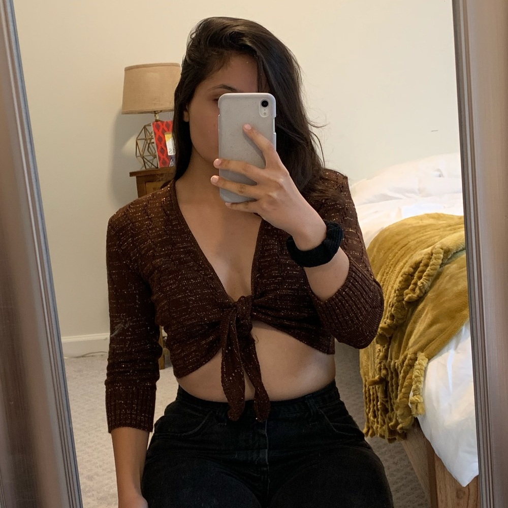 Brown sparkly y2k cropped wrap top